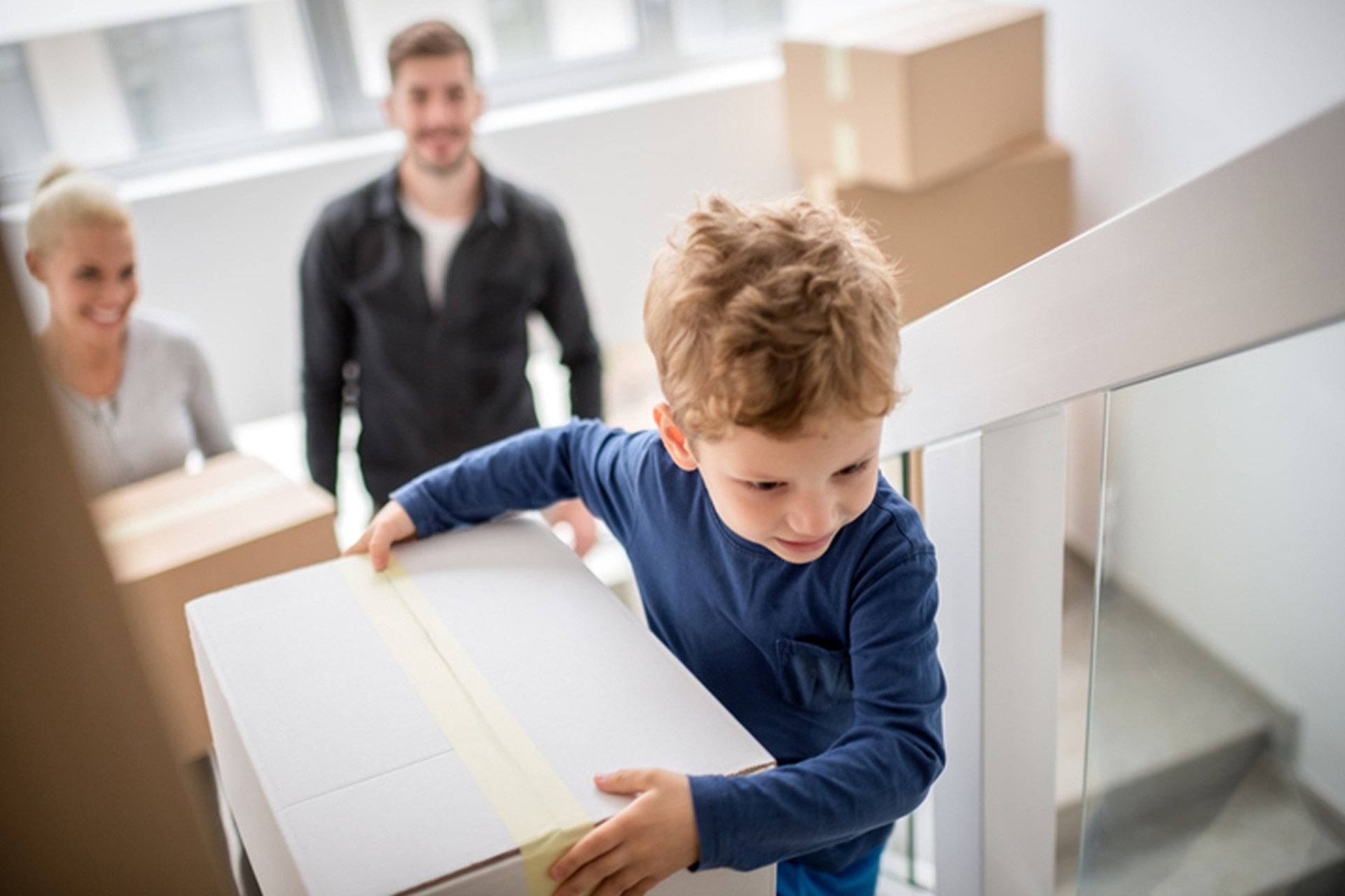 Einzug melden Eine dreiköpfige Familie trägt beim Umzug Kartons die Treppe hinauf. Der Sohn geht voran.