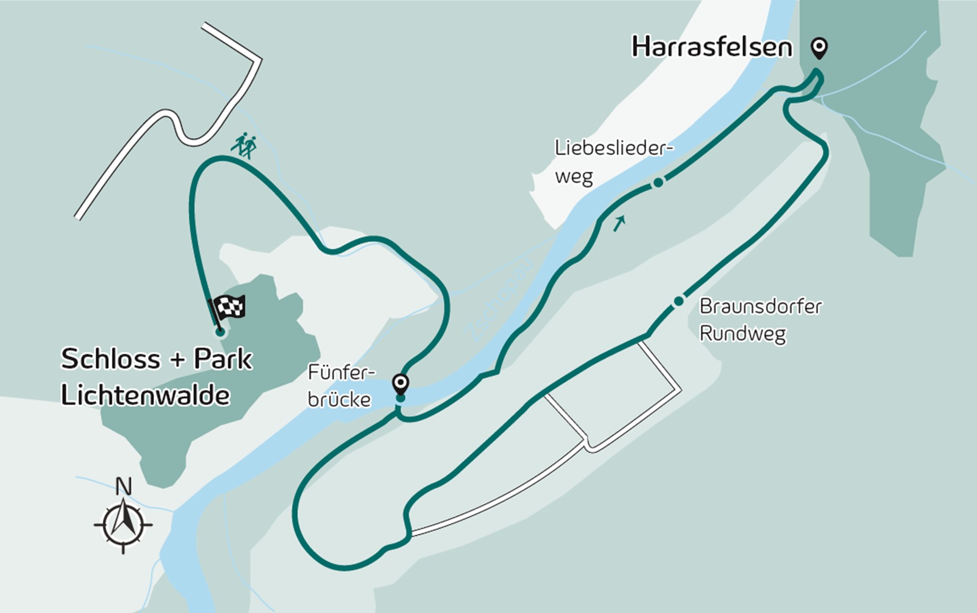Wanderroute 08-August Es ist die Wanderroute beim Schloss und Park Lichtenwalde vom August zu sehen.