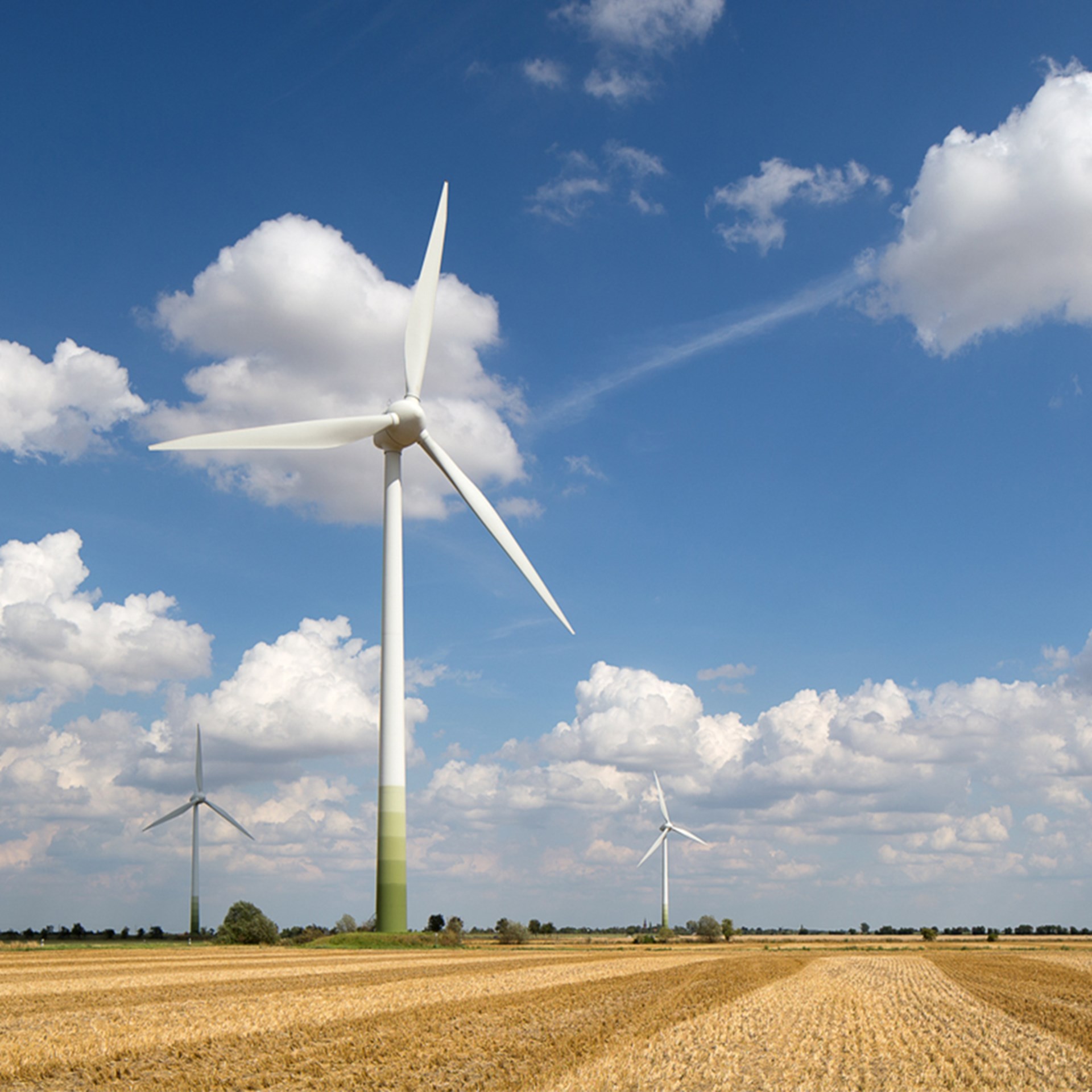 EVU EEG-Direktvermarktung Windmühlen auf einem bestellten Acker mit blauem Himmel und weißen Wolken.