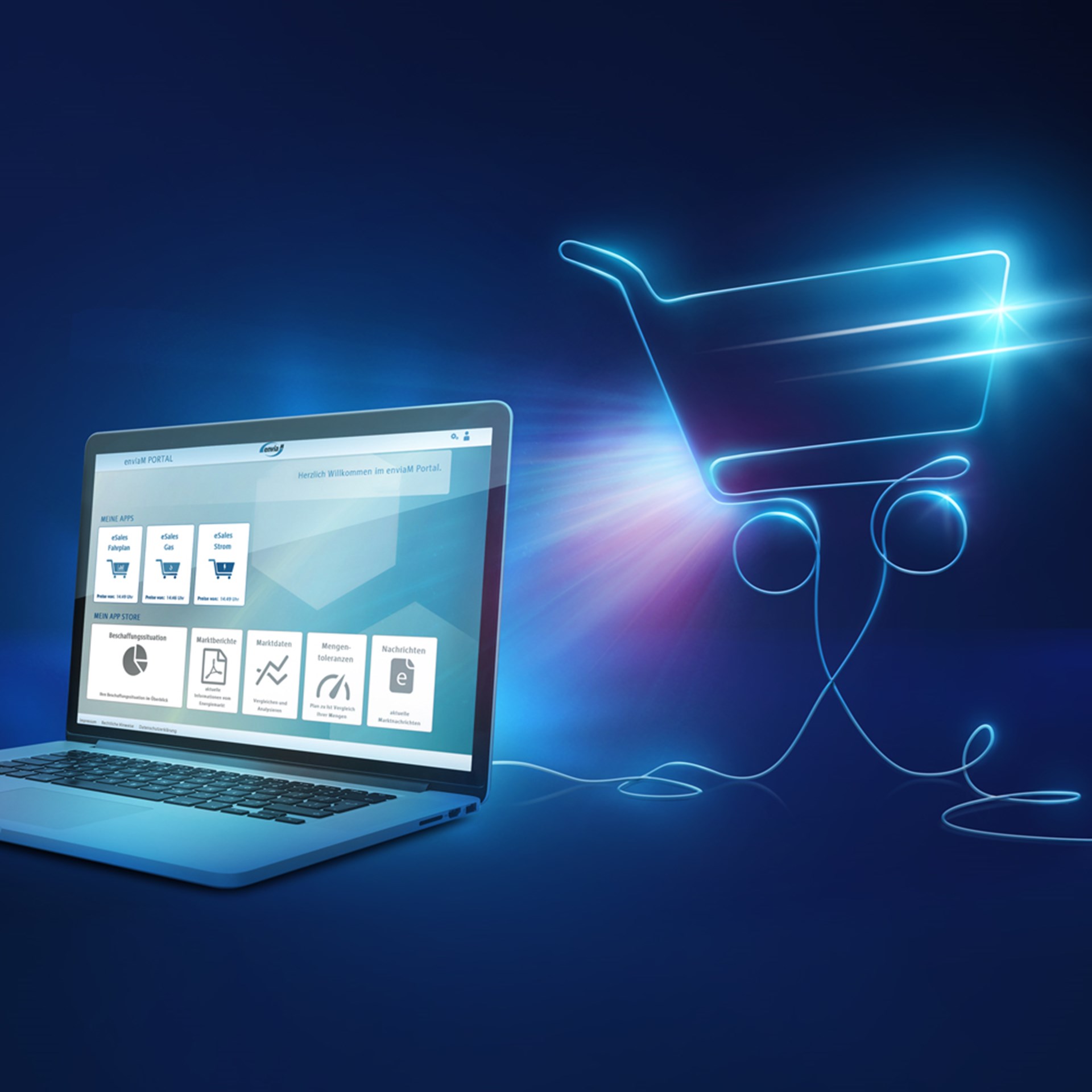 EVU Esales Auf dem Bildschirm des Laptops sind Einkaufsicons und im Hintergrund ein Einkaufswagen, geformt aus leuchtenden kabeln.