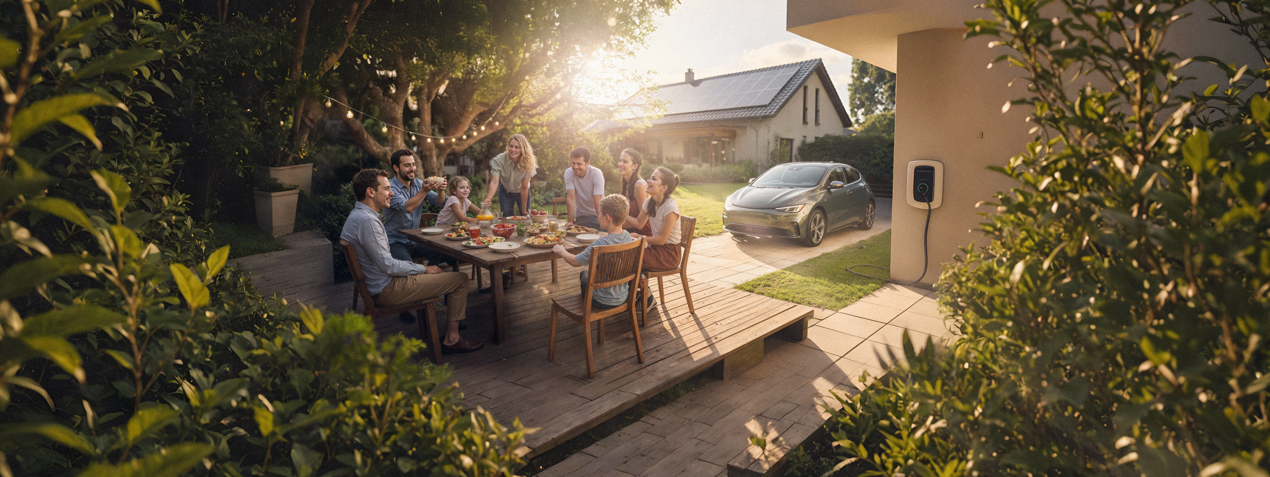 Familie sitzt in einem Garten, im Hintergrund ist ein Dach mit einer Solaranlage zu sehen und eine Wallbox, die an einer Hauswand hängt.