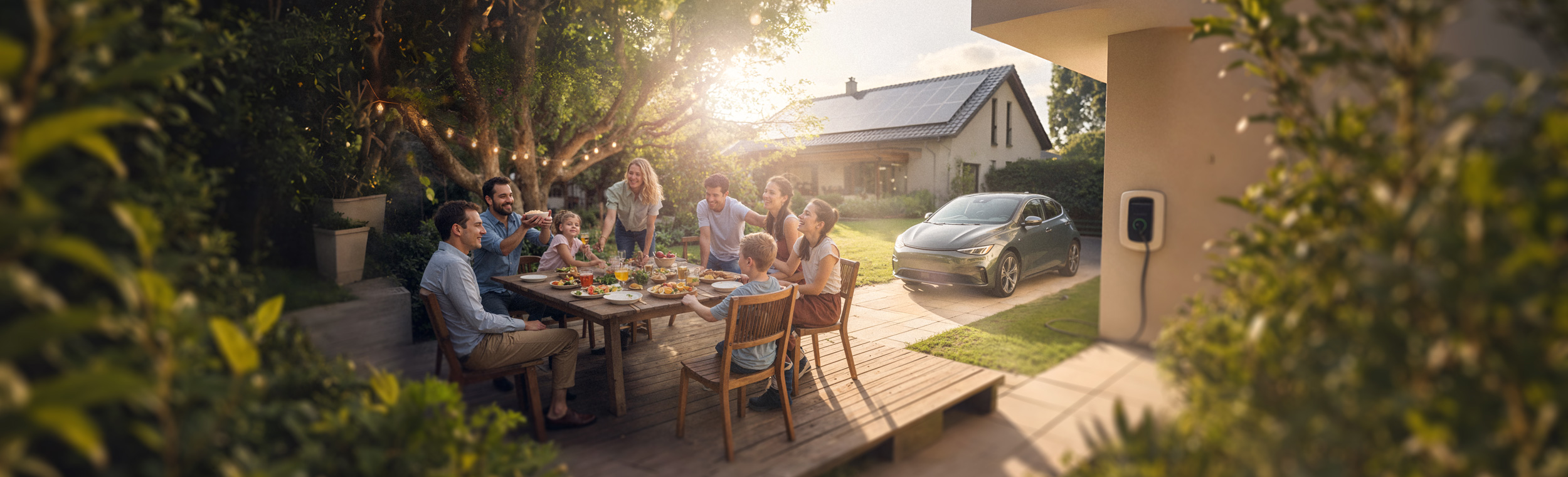 Familie sitzt in einem Garten, im Hintergrund ist ein Dach mit einer Solaranlage zu sehen und eine Wallbox, die an einer Hauswand hängt.